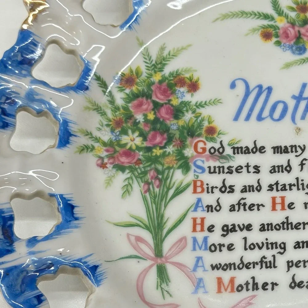 Vintage Mother Poem Collector Plate Reticulated Edge Blue Gold Trim Japan 8 inch
